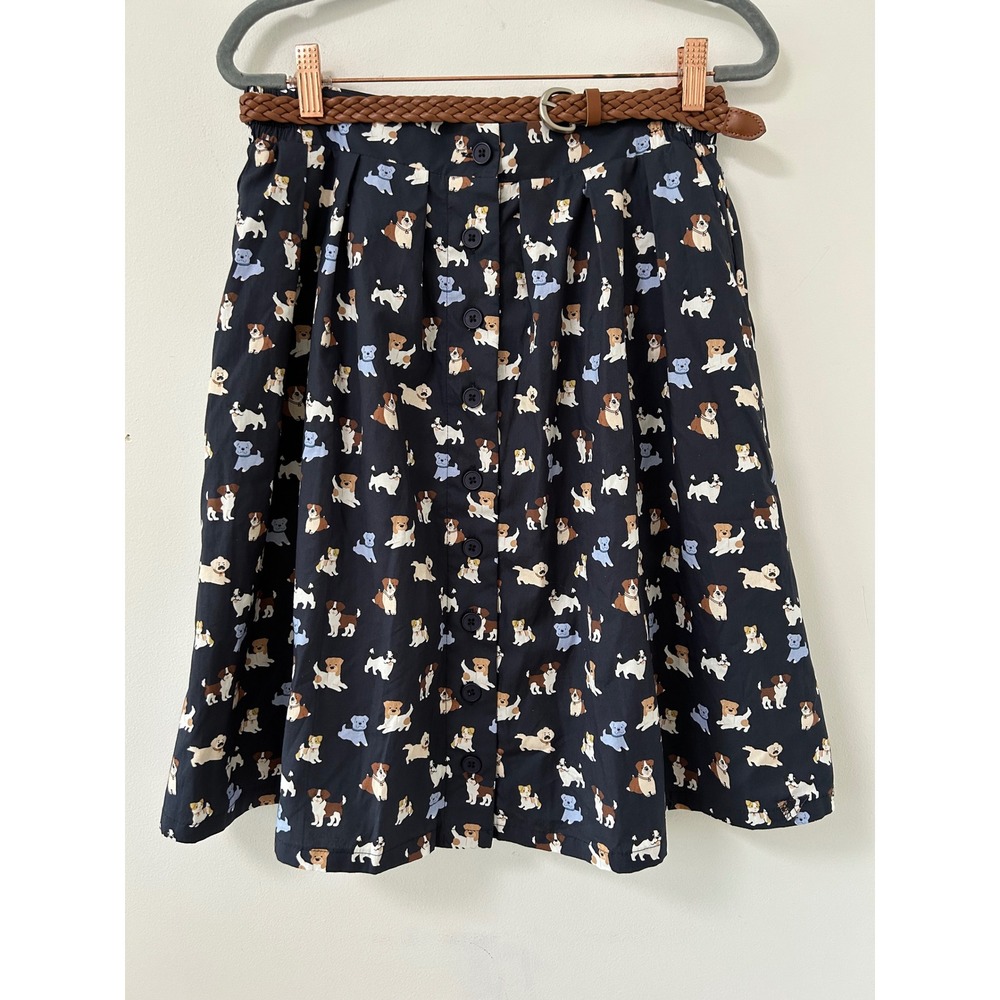 ModCloth Dog Print Button Front Skirt Women S Navy Blue Whimsical A-Line